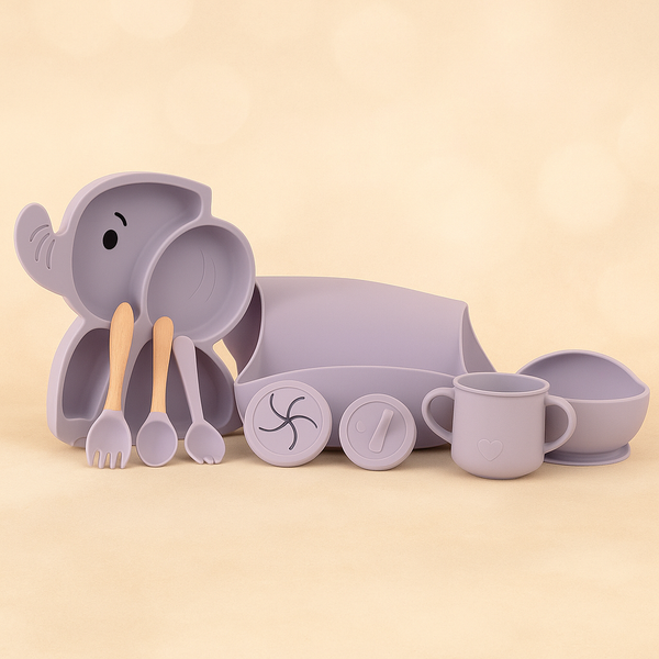 Elephant Silicone Baby Feeding Set – 10 Piece Food Grade Silicone Dinnerware | Suction Bowl, Divided Plate, Spoon, Fork, Bib, Cup & More